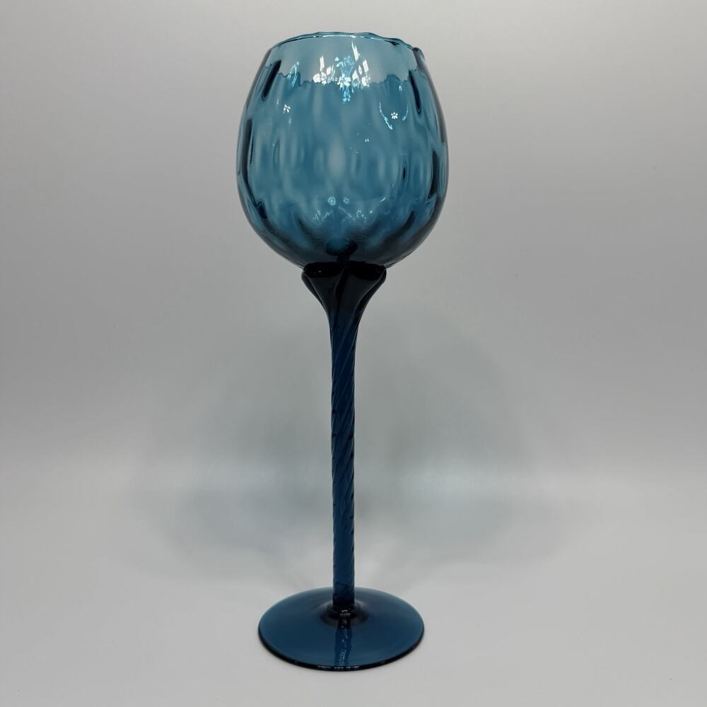 Vintage Empoli Italy Long Twisted Stem Teal Green Diamond Optic Glass 10.5" MCM